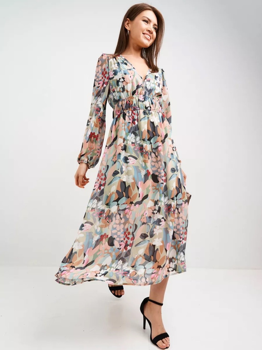 Women's Floral V-Neck Maxi Dress in Pink, Blue & Sage